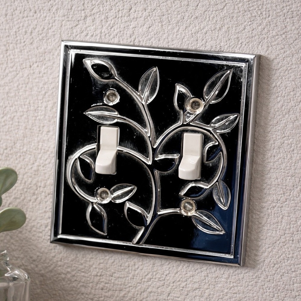 Polished Chrome Double Toggle Light Switch Cover Embossed Vine Leaf Metal Plate